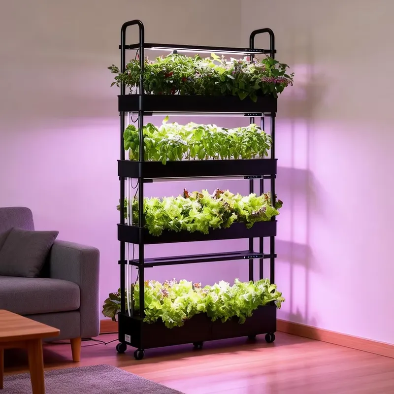 Smart Urban Garden - Rolling 4-Tier Hydroponic Garden Rack, Space-Saving